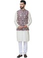SOJANYA (Since 1958 Men's Cotton Silk Embroidered Cream Kurta and White Pyjama with Maroon Nehru Jacket
