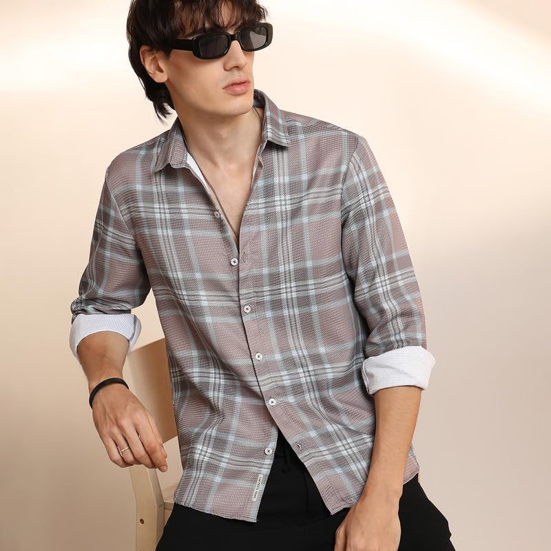 Campus Sutra Mens Nude Pink & Cloud Grey Tartan Plaid Shirt for Casual Wear | Spread Collar | Long Sleeve | Button Closure | Sh