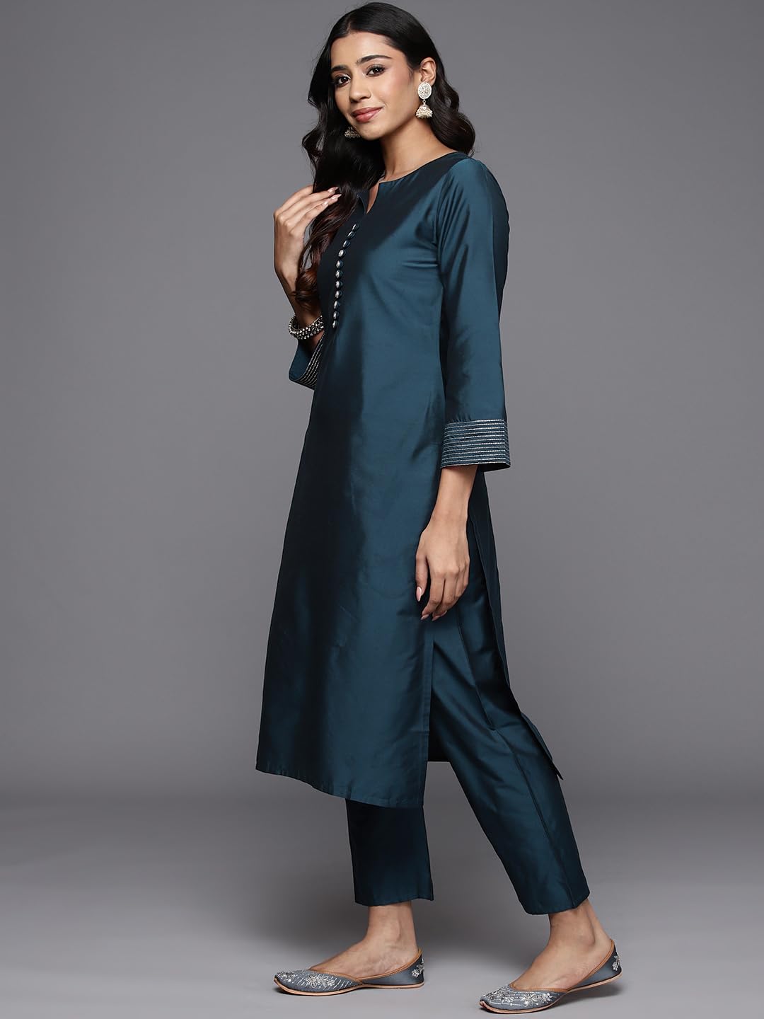 Libas Gerua Womens Solid Silk Blend Straight Kurta With Trousers And Dupatta