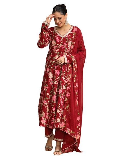 Varanga Floral Printed V Neck Anarkali Kurta With Trouser & Dupatta-Karva Chauth Special