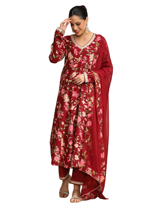 Varanga Floral Printed V Neck Anarkali Kurta With Trouser & Dupatta-Karva Chauth Special