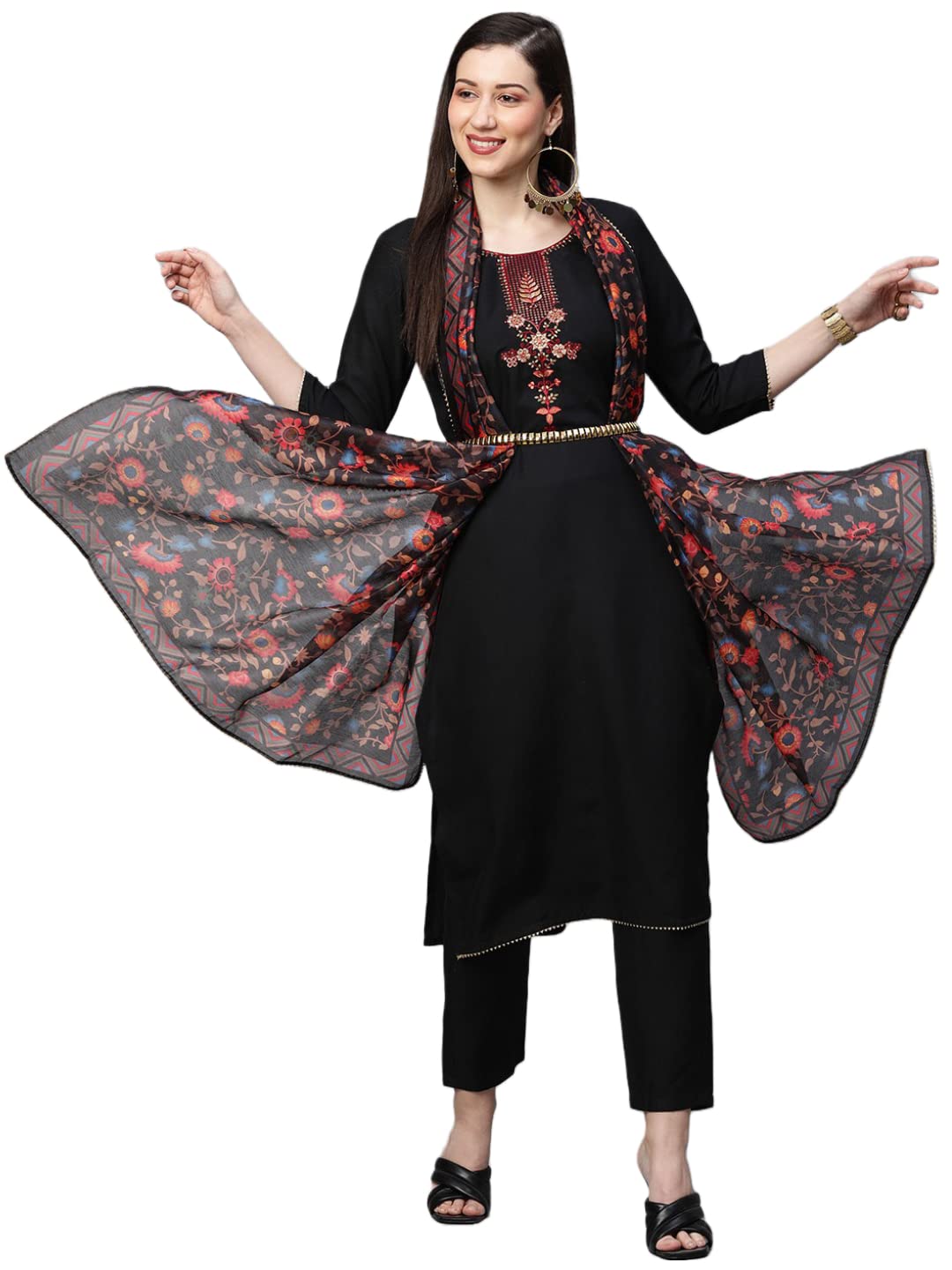 ANNI DESIGNER Womens Cotton Blend Solid Straight Kurta with Pant & Dupatta (Authentic-Black_XL_Black_X-Large)