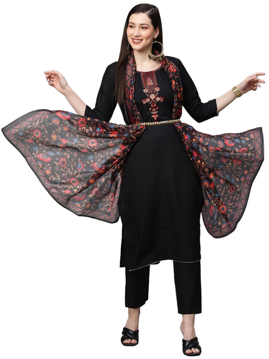 ANNI DESIGNER Womens Cotton Blend Solid Straight Kurta with Pant & Dupatta (Authentic-Black_XL_Black_X-Large)