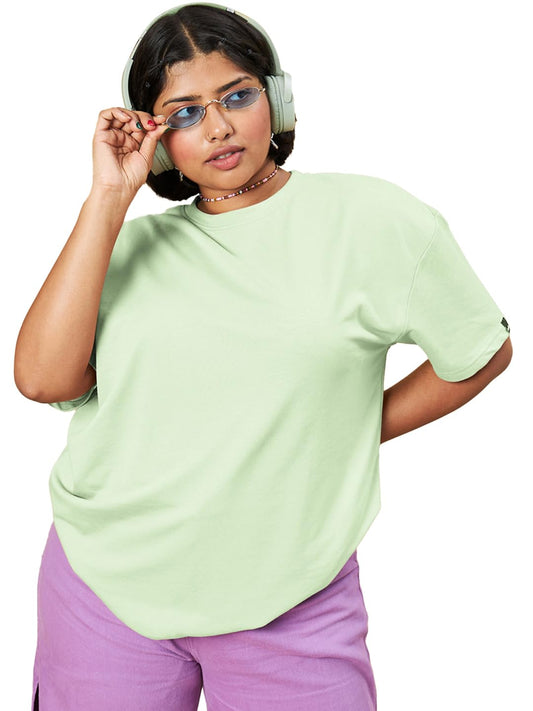 Bewakoof Womens Solid Oversized Fit Half Sleeve Round Neck Cotton Blend Plus Size T-Shirt_624936_Green_4XL