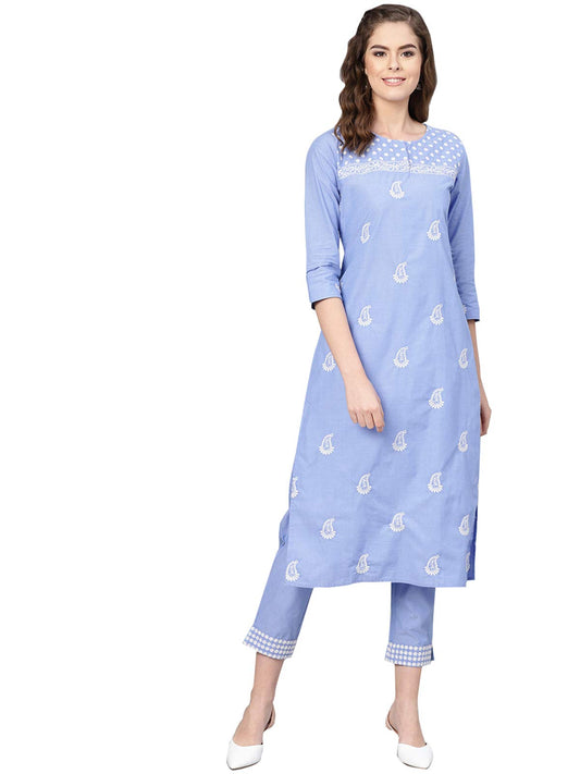 ishin Women's Pure Cotton Blue Embroidered & Thread Work A-Line Kurta suit set with Palazzo