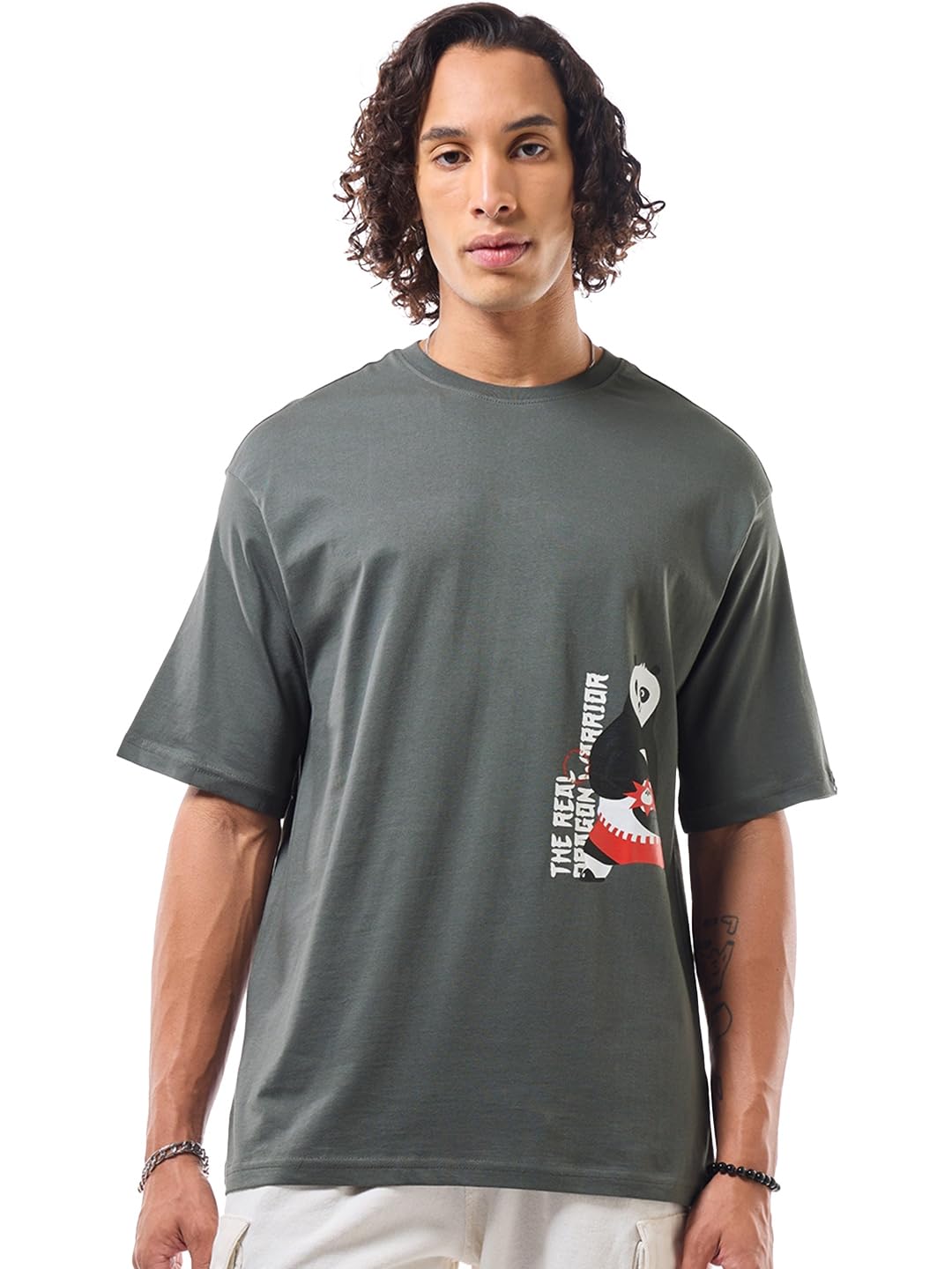 Bewakoof Official Kung Fu Panda Merchandise Men Graphic Printed Oversized Fit Half Sleeve Round Neck Cotton Jersey T-Shirt_63371