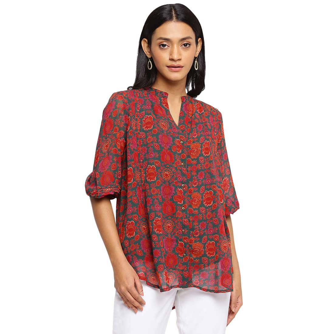 Fabindia Relaxed Fit Women Green Viscose Hand Block Printed Shirt (102564403