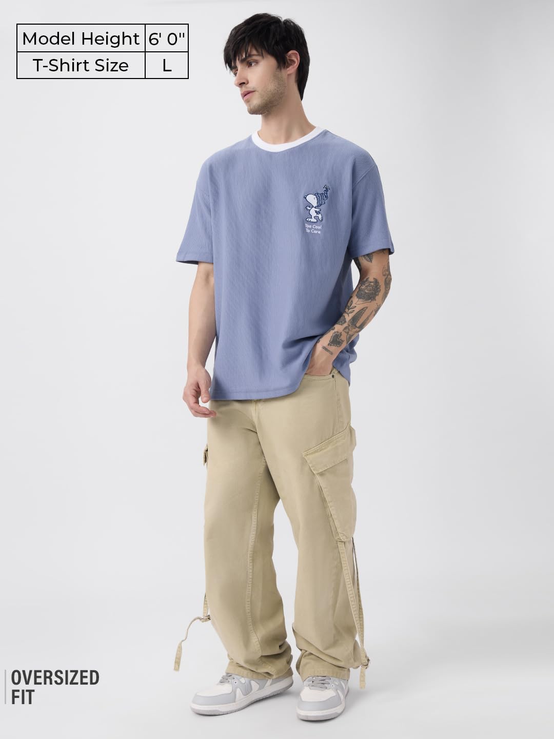 The Souled Store Peanuts: Too Cool to Care Men and Boys Short Sleeves Round Neck Blue Embroidered Cotton Oversized T-Shirts