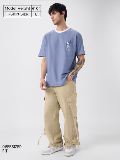 The Souled Store Peanuts: Too Cool to Care Men and Boys Short Sleeves Round Neck Blue Embroidered Cotton Oversized T-Shirts