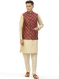 Jompers Mens Dupion Solid Kurta Pyjama Set With Printed Nehru Jacket