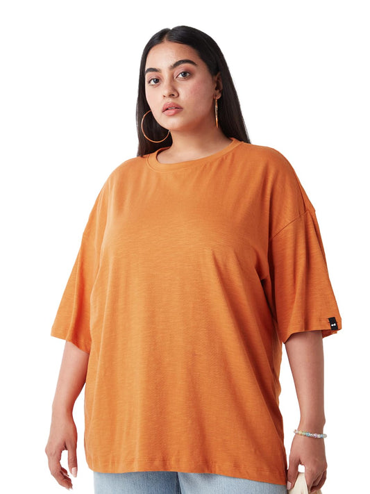 Bewakoof Air 1.0 WomenS Solid Oversized Fit Half Sleeve Round Neck Cotton Slub Plus Size T-Shirt_646625_Orange_3Xl