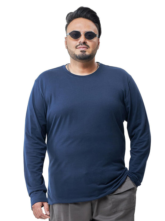 Bewakoof Mens Solid Regular Fit Full Sleeve Round Neck Cotton Jersey Plus Size T-Shirt_596708_Blue_3XL