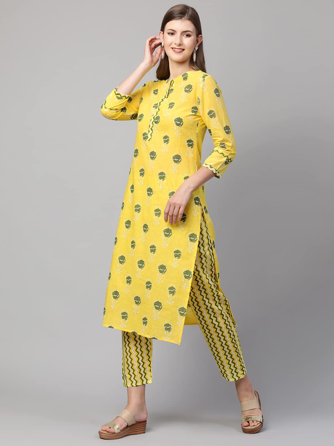 ANNI DESIGNER Women's Cotton Straight Kurta with Pant (Ati_Yellow_L_Yellow_Large)