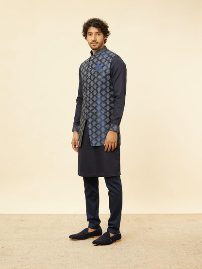 Manyavar Mens Blue Art Silk Self Design Kurta Pyjama Jacket Set