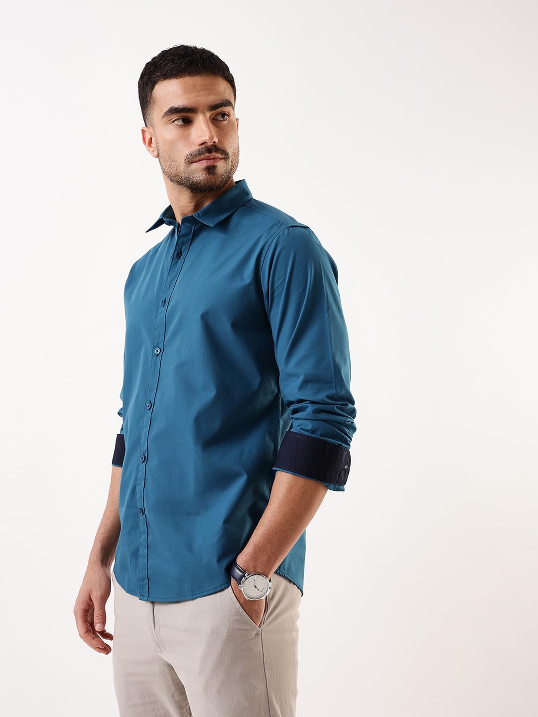 Dennis Lingo Men Teal Solid Spread Collar Full Sleeves Regular Fit Cotton Casual Shirt
