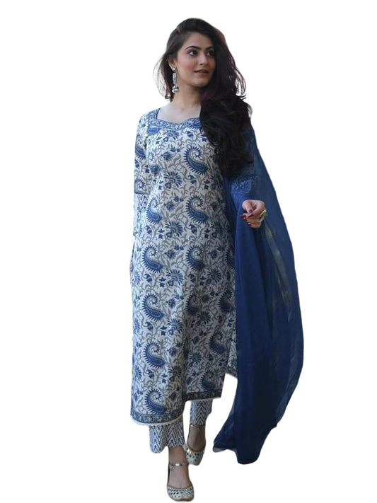 Tee Projekt WomenS Cotton Blend Mandarin Collar Straight Kurta Pant With Dupatta Set Ll Paisley Print Kurta Set With Dupatta Li