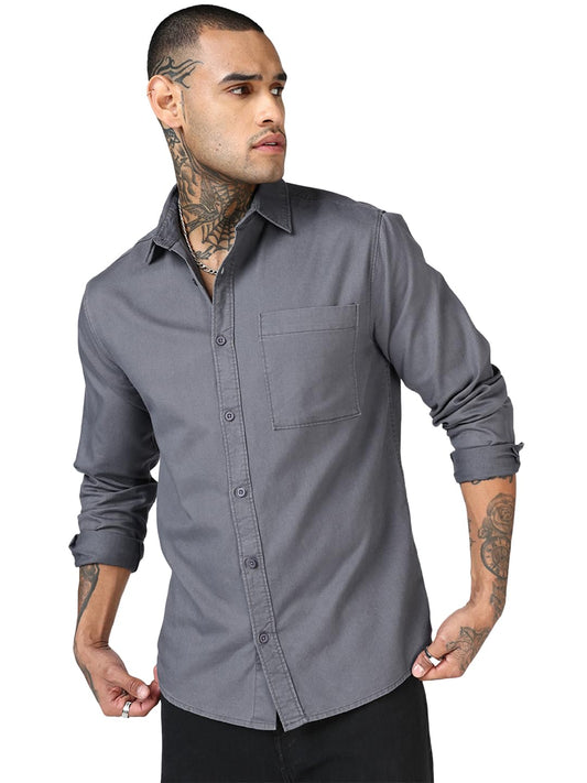Bewakoof MenS Washed Regular Fit Full Sleeve Collar Twill Shirt_691880_Grey_S