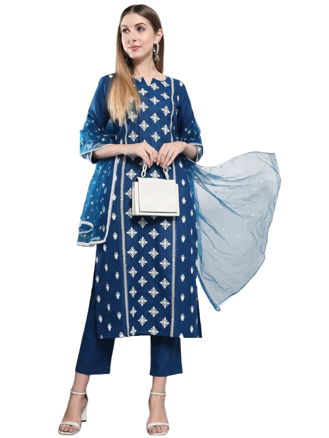 ANNI DESIGNER Women's Cotton Blend Embroidered Straight Kurta with Pants & Dupatta (KURUPAM)