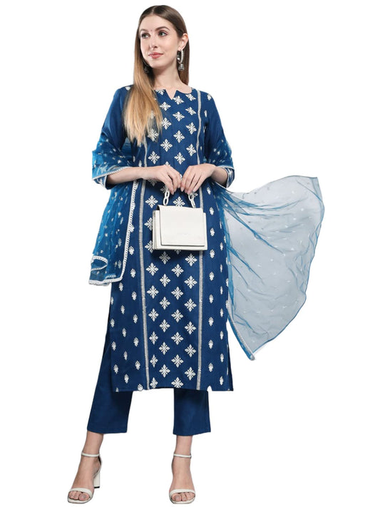 Anni Designer WomenS Cotton Blend Embroidered Straight Kurta With Pants & Dupatta (Kurupam-Cersoin_S_Dark Blue_Small)