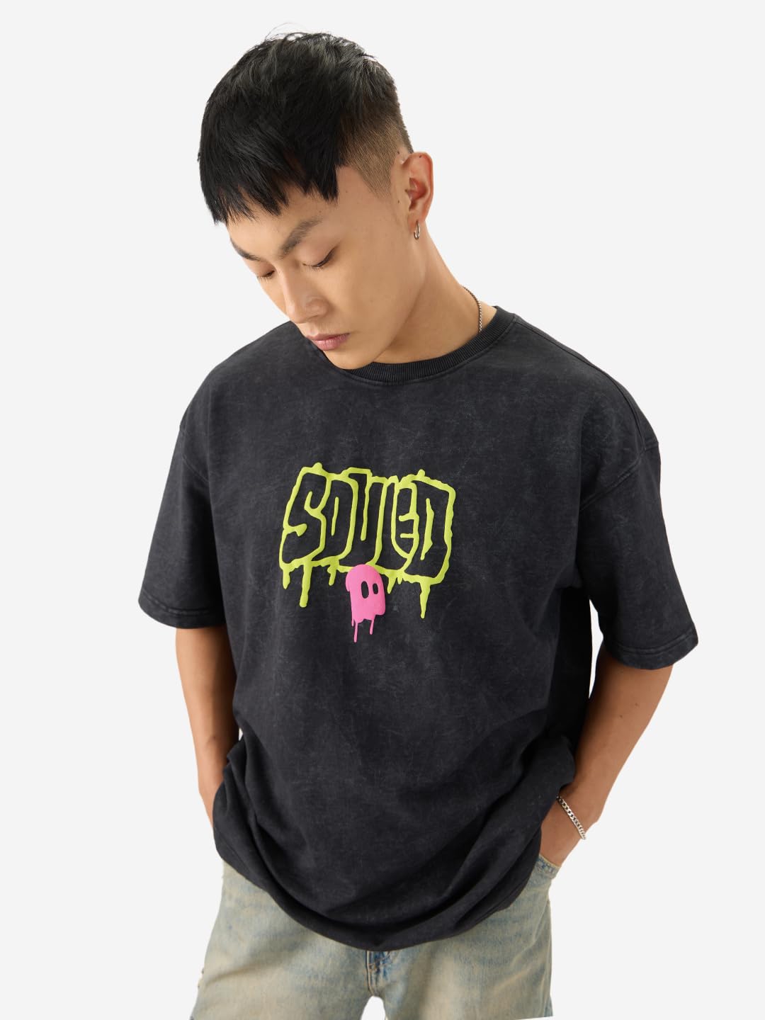 The Souled Store Made by Humans Men and Boys Short Sleeve Round Neck Black Graphic Printed Cotton Oversized T-Shirts