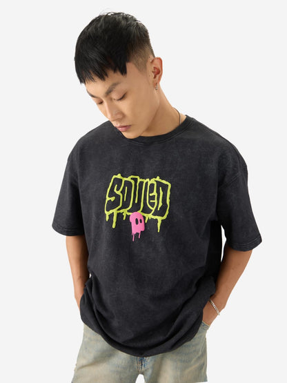 The Souled Store Made by Humans Men and Boys Short Sleeve Round Neck Black Graphic Printed Cotton Oversized T-Shirts