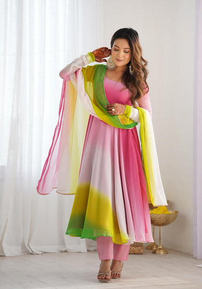 GoSriKi Georgette Anarkali Kurta with Trousers & Dupatta, Size 36, Pink, Model SADE-CLRS-GS