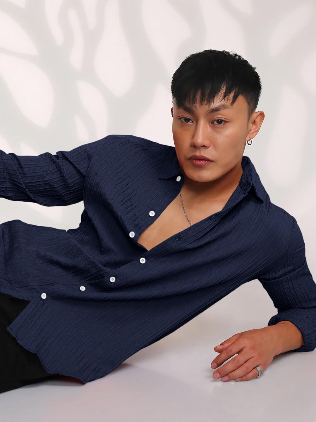 Finivo Fashion MenS Casual Cotton Striped Button Down Shirts Long Sleeve Textured Summer Beach Shirt For Men Navy