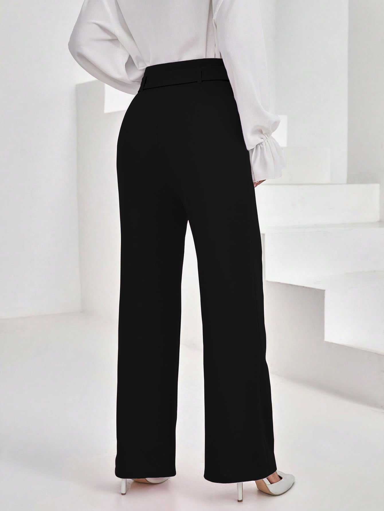 Shasmi Womens Elegant Black Solid Color High Waisted Belted Toothpick Stripe Design Straight Loose Casual Women Pants, Minimali