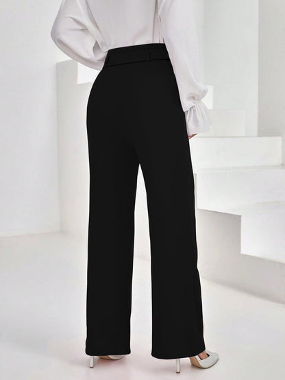 Shasmi Womens Elegant Black Solid Color High Waisted Belted Toothpick Stripe Design Straight Loose Casual Women Pants, Minimali