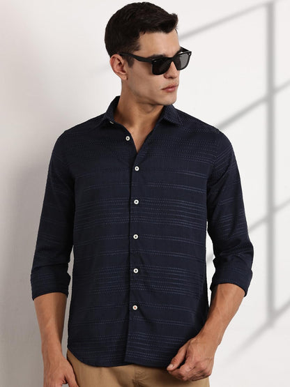 Thomas Scott Long Sleeve Embroderied Casual Shirt for Men Navy