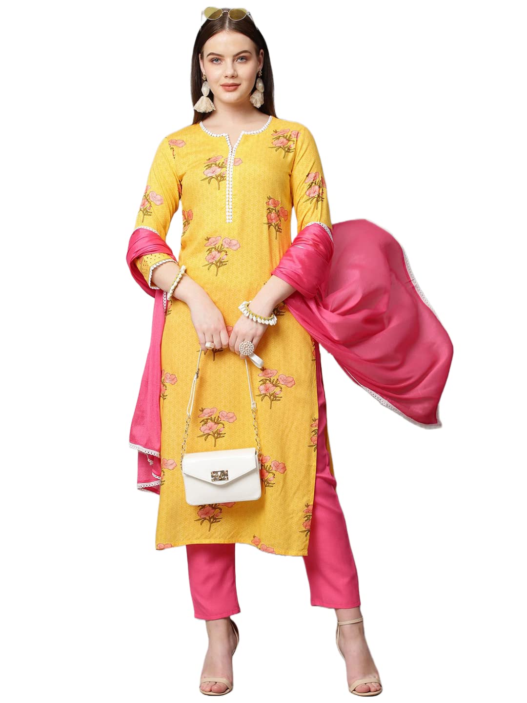 ANNI DESIGNER Womens Cotton Blend Floral Printed Straight Kurta with Pant & with Dupatta (AMD 29-Yellow_S_Yellow_Small)