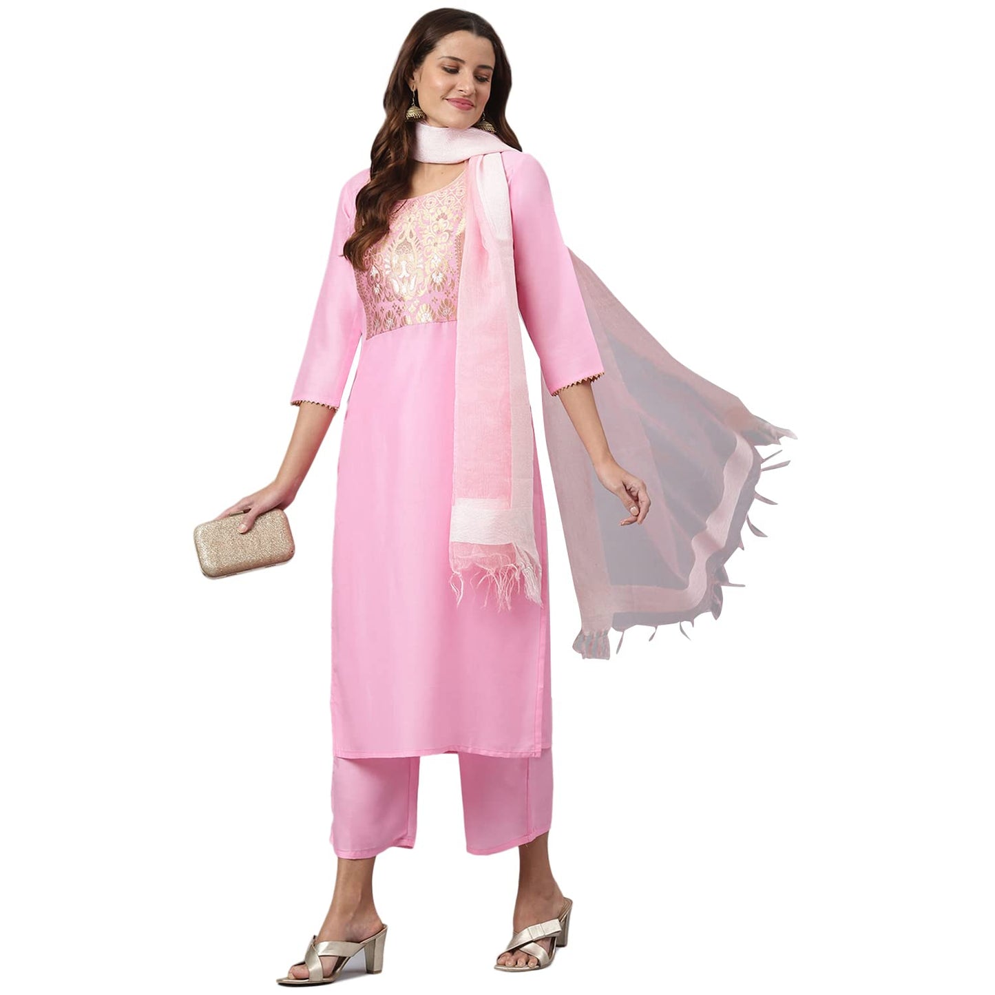 ANNI DESIGNER Womens Cotton Blend Straight Solid Kurta with Palazzo & Dupatta (Charu sty Pink_XXL_XX-Large_Pink)