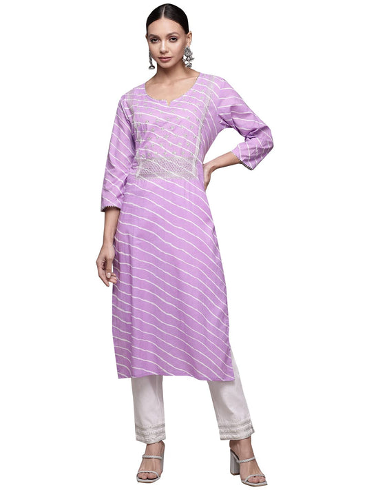 ishin Women's Cotton Purple & Off White Embroidered A-Line Kurta Set With Trouser