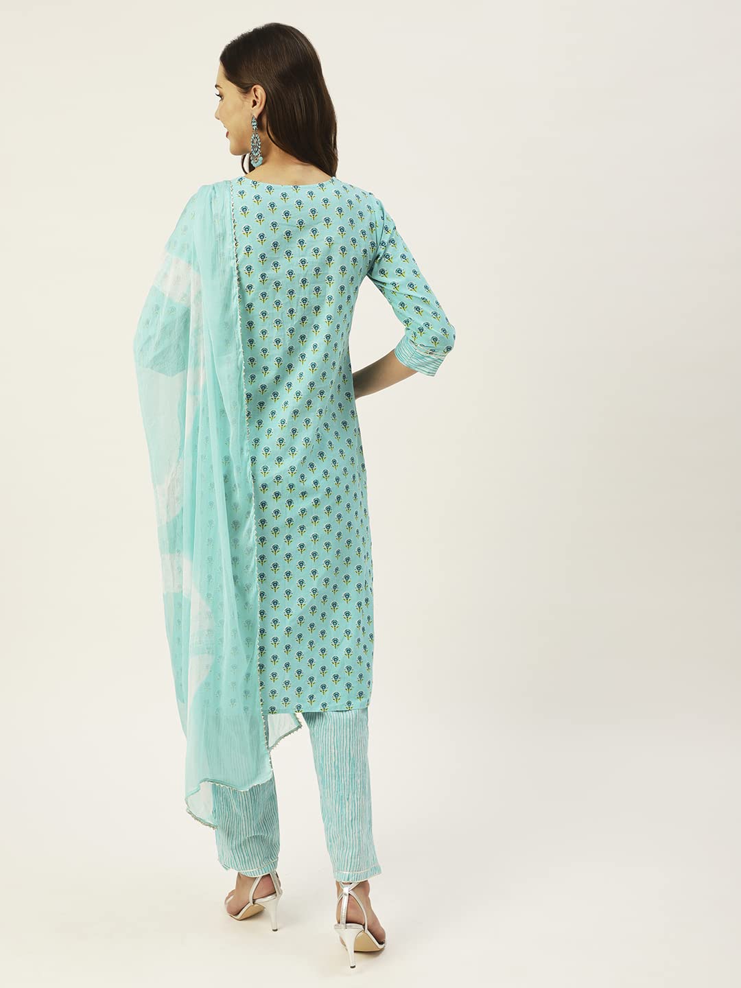 anubhutee Women's Cotton Blue Floral Printed Straight Kurta Suit Set With Pants And Dupatta