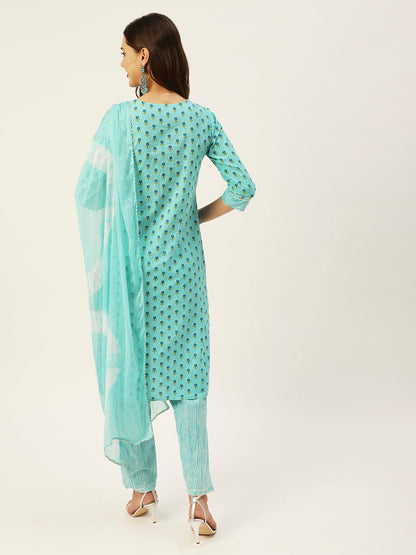 anubhutee Women's Cotton Blue Floral Printed Straight Kurta Suit Set With Pants And Dupatta