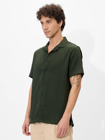 The Souled Store Solids: Forest Green Men and Boys Short Sleeves Collared Neck Button Front Regular Fit Polyester Textured Shirt