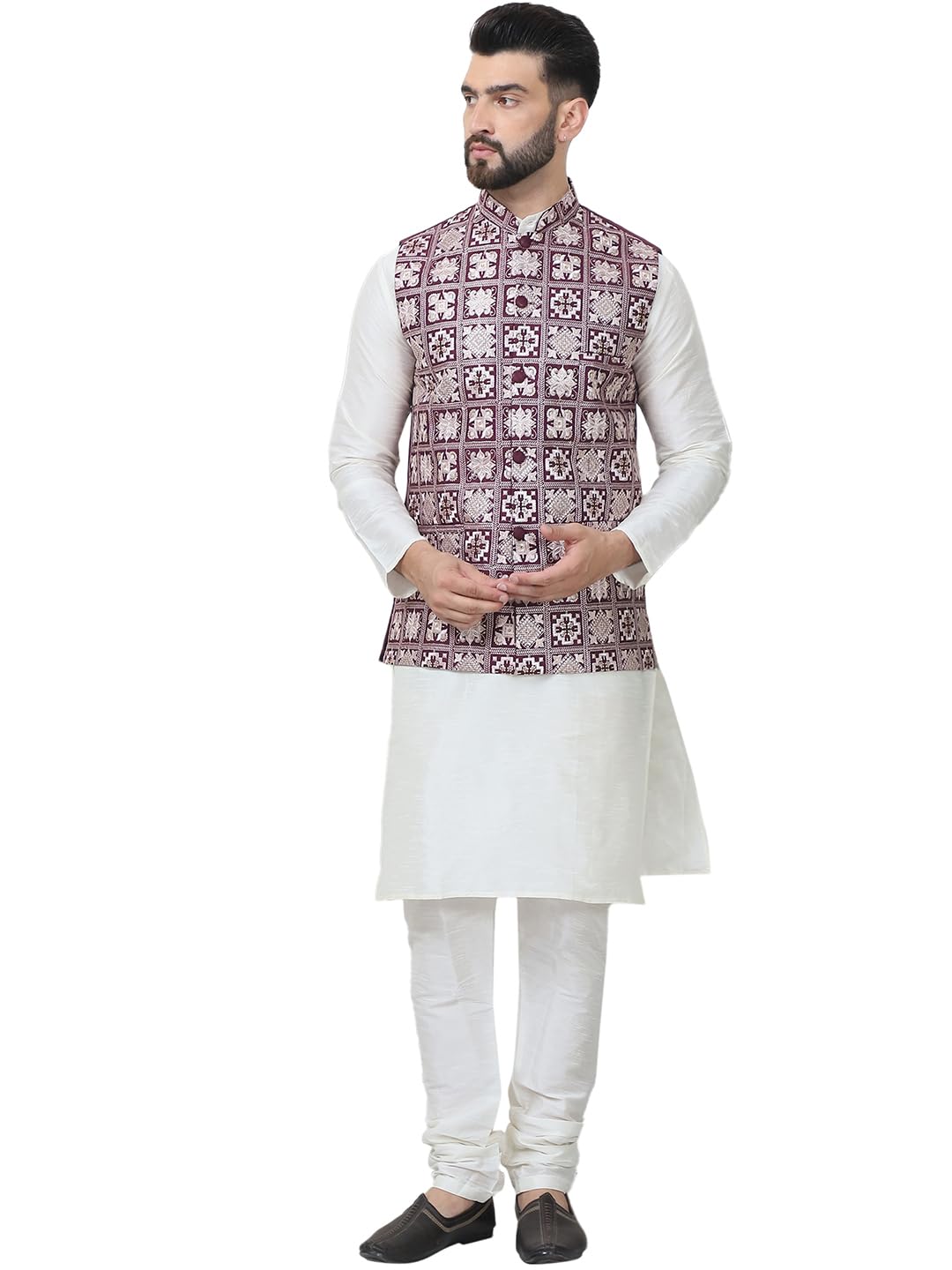 SOJANYA (Since 1958 Men's Silk Blend Solid Cream Kurta Pyjama With Embroidered Maroon Nehru Jacket