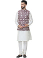 SOJANYA (Since 1958 Men's Silk Blend Solid Cream Kurta Pyjama With Embroidered Maroon Nehru Jacket