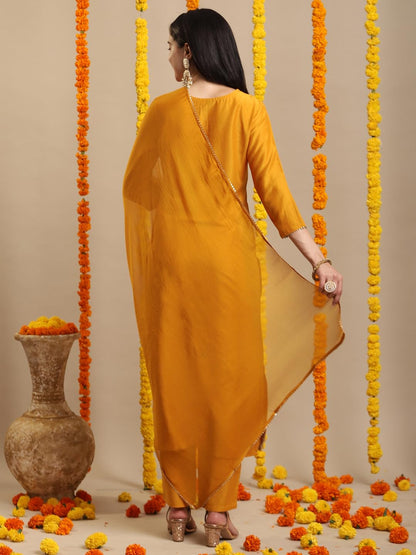 ANNI DESIGNER Women's Straight Kurta with Pants & Dupatta, Rayon Blend, Large, Yellow, Model LIKHA YELLOW