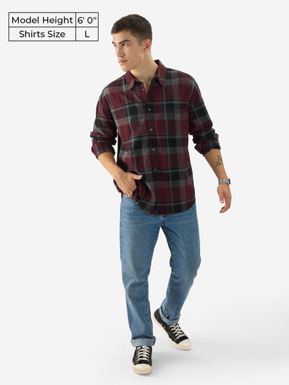 The Souled Store Plaid: Red/Grey Long Sleeve Collared Neck Button Down Cotton Relaxed Fit Shirts for Men and Boys - Classic and