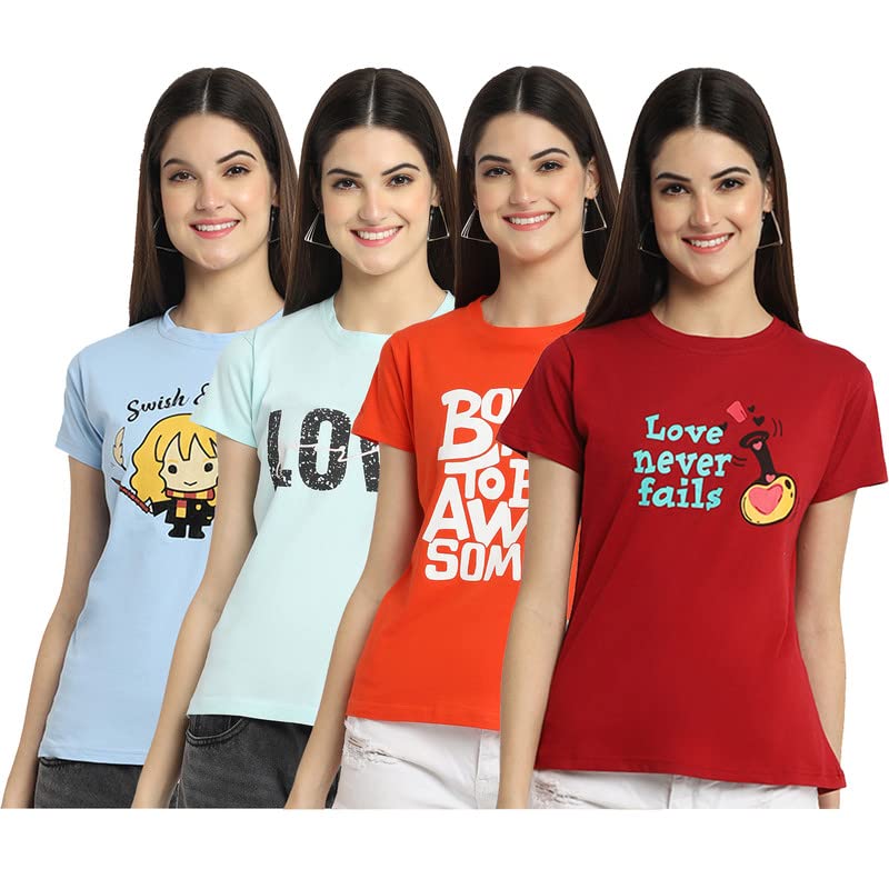 Preneum Womens Cotton Regular Fit Latest Graphic Stylish Printed Short Sleeves Casual T-Shirt || Trendy (Pack 4), Blue & Blue &