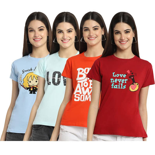 Preneum Womens Cotton Regular Fit Latest Graphic Stylish Printed Short Sleeves Casual T-Shirt || Trendy (Pack 4), Blue & Blue &