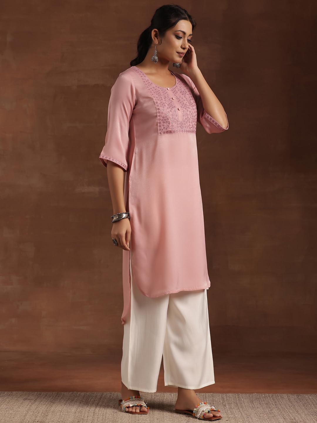 Libas WomenS Polyester Yoke Design Straight Kurta (29206 Peach
