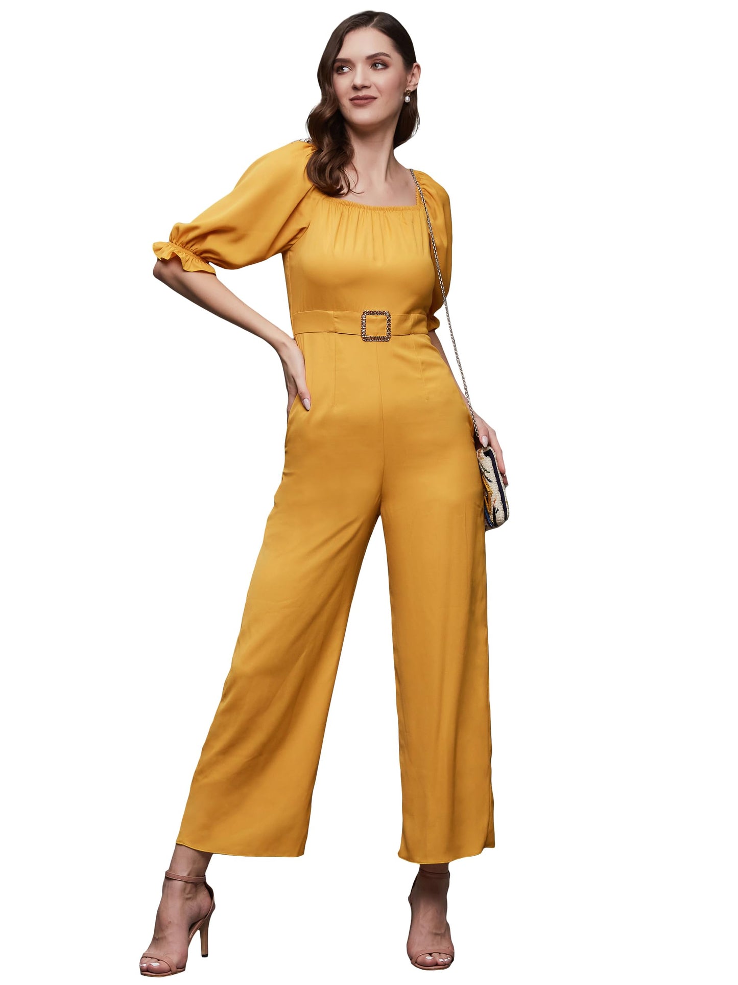 Miss Chase WomenS Square Neck Puff Sleeve Solid Straight Leg Regular Length Crepe Jumpsuit (Mcss23D15-78-183-05, Mustard, L)