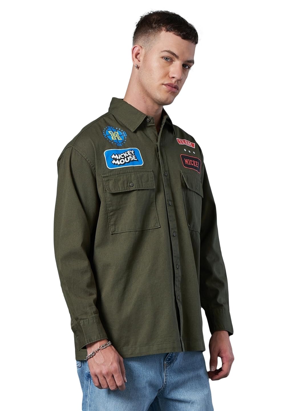 Bewakoof Official Disney Merchandise Mens Graphic Printed Oversized Fit Full Sleeve Collared Cotton Shirt_604448_Green_XL