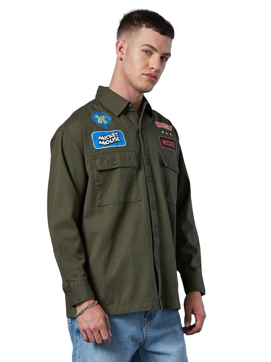 Bewakoof Official Disney Merchandise Mens Graphic Printed Oversized Fit Full Sleeve Collared Cotton Shirt_604448_Green_XL