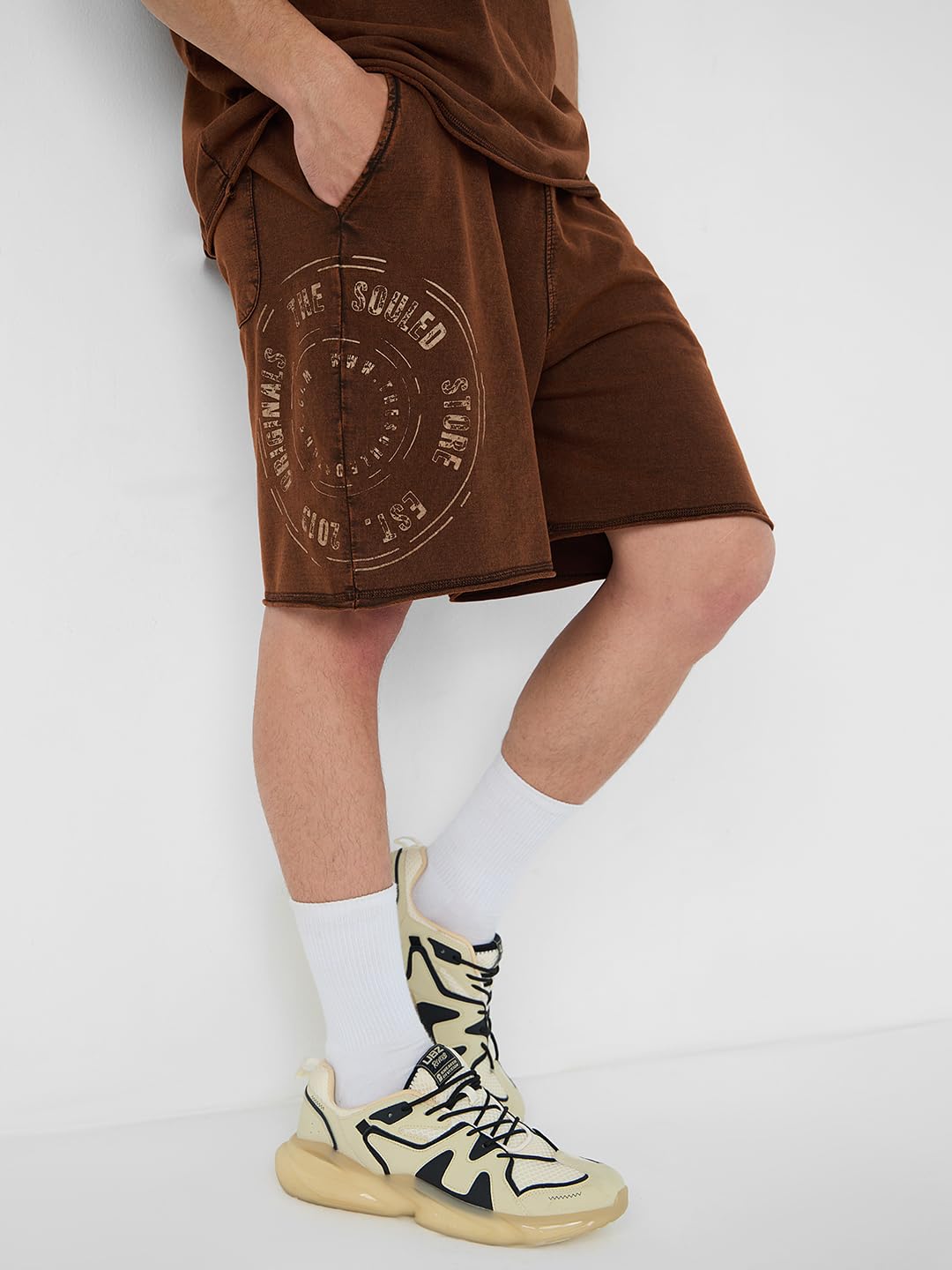 The Souled Store Vintage Wash: Chestnut Men and Boys Drawstringed Brown Graphic Printed Knee Length Cotton Bermuda Shorts
