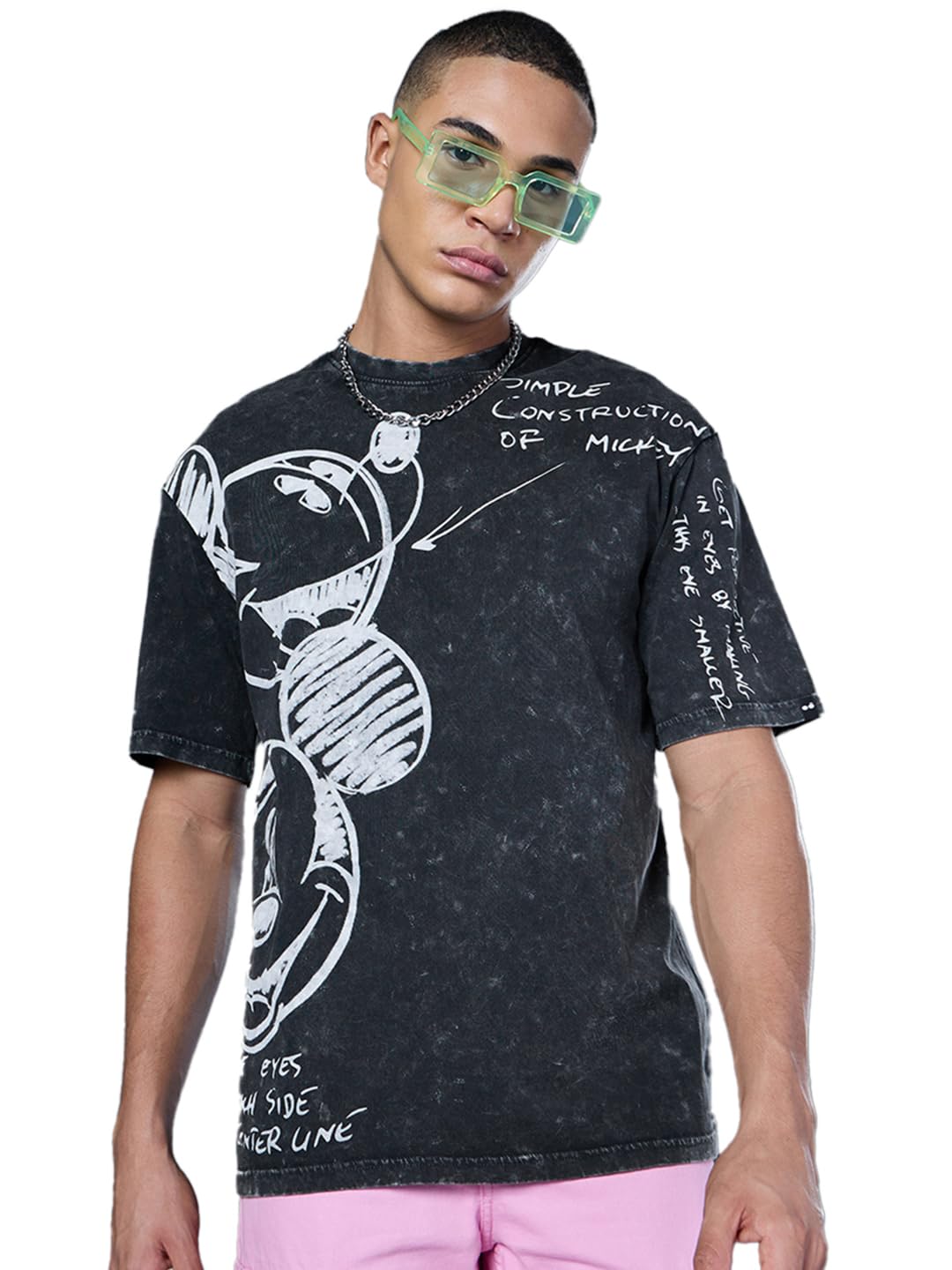Bewakoof Official Disney Merchandise Mickey Mens Graphic Printed Oversized Fit Half Sleeve Round Neck Cotton Acid Wash T-Shirt_