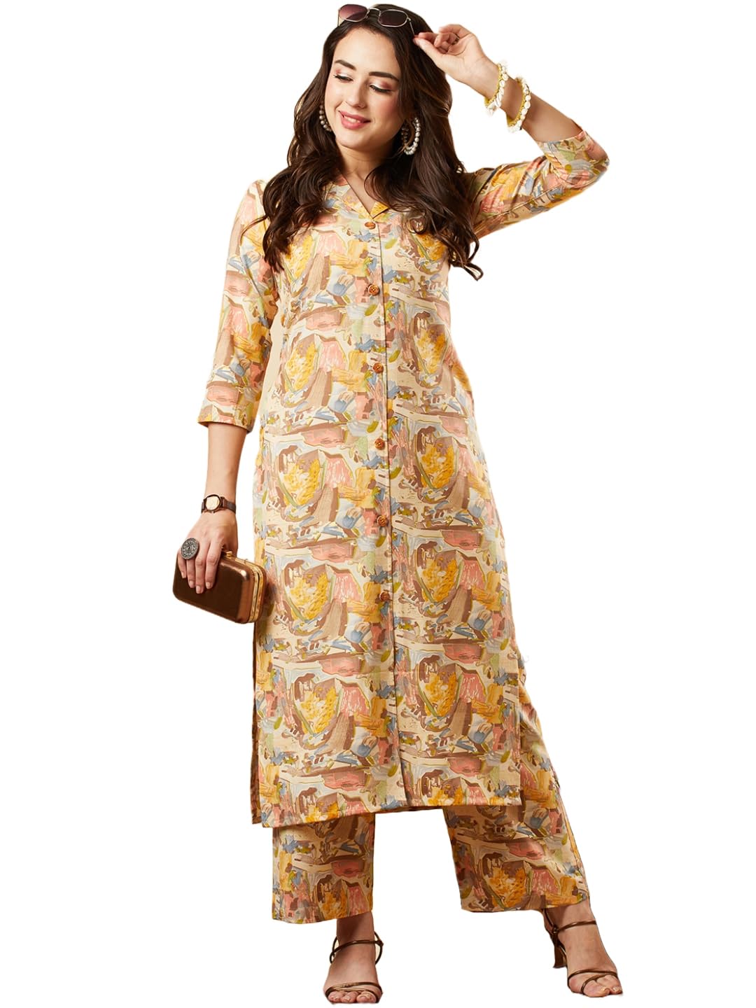 ANNI DESIGNER Ladies Cotton Blend Kurta with Trousers, yellow, M