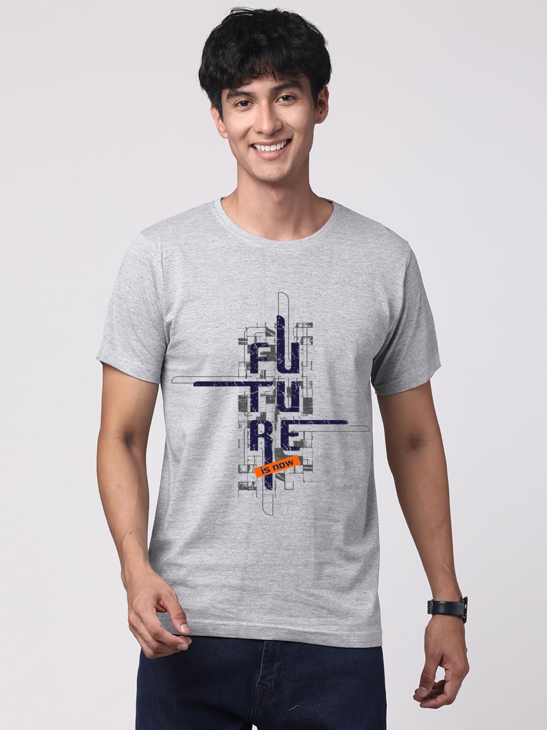 ADRO Men's Graphic Printed 100% Cotton T-Shirt - Regular Fit, Printed T-Shirts for Men (RN24-FTR-GR_Grey)